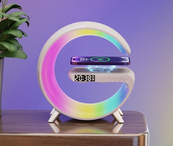 3 in 1 Multifunction G-Shape LED Bluetooth Speaker with Wireless Fast Charging | RGB Light Table Lamp Ideal for Home Decoration, Bedroom and Gaming Room